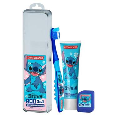 Imagem de Kit Premium Stitch Gel Dental Escolar Escova Fio Estojo Azul e Rosa - 