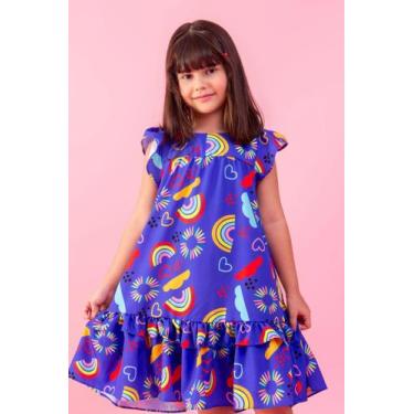 Imagem de Vestido Lara Infantil Arco Íris E Nuvens Roxo Babado Luxo - Se Tu Benç
