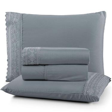 Imagem de Jogo De Lençol Casal Nobless Bordado Micropercal 200 Fios Toque De Algodão 4 Peças Cinza
