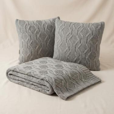 Imagem de Kit Manta Tricot Luxo 150x120cm + 2 Almofadas com Enchimento | Zíper Invisível | Fibra Siliconada | Sofá Sala | Xale Decorativo Elegante G05 (Cinza Grafite)