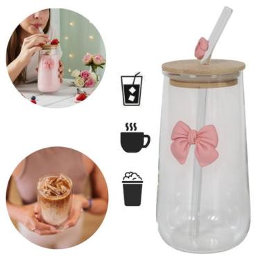 Imagem de Copo De Vidro Fofo Com Tampa E Canudo Laço De Coquette 500ml - Tesla S