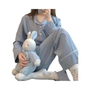 Imagem de Conjunto De Pijamas Femininos De Manga Longa Em Cor Sólida Para Outono