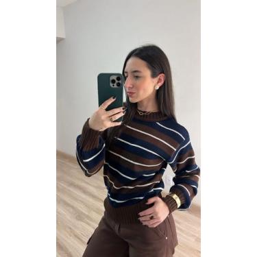 Imagem de Blusa Feminina Básica Listrada Tricot Inverno Cor:Azul Marinho/MarromT