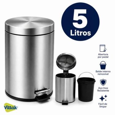 Imagem de Vittak Lixeira 5L Aço Inox Redonda com Balde para Banheiro, Cozinha e 