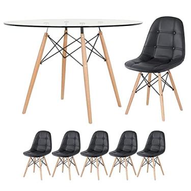 Imagem de Loft7, Kit Mesa de Vidro Eames 120 cm + 5 Cadeiras Eames Botonê, PU sintético, Aço e Madeira, Escritório, Sala de Estar e Sala de Jantar - Preto