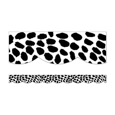 Imagem de Schoolgirl Style Bordas recortadas com pontos de safári: 13 tiras de borda de quadro de avisos de bolinhas preto e branco para quadros de avisos, decoração de sala de aula Boho (7,6 x 7,6 cm)