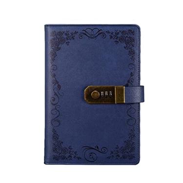 Imagem de Notebook retrô com cadeado de código 200 página a5 bonito diário estudante planejador agenda planejador de trabalho de escritório de negócios bloco de notas de couro, azul, 4 peças