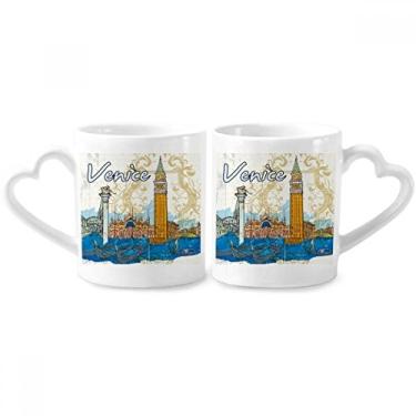Imagem de Itália Veneza Marco Nacional Ilustração Casal Conjunto de canecas de Porcelana Copo Amante Punho de Coração