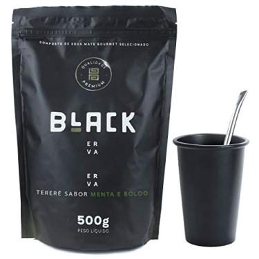Imagem de KIT COMPLETO COPO DE TERERÉ PRETO 350ML + BOMBA DE TERERE + BLACK ERVA 500G (Menta e Boldo)