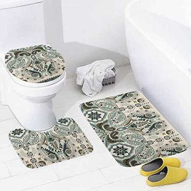 Imagem de Conjunto de tapetes de banheiro 3 peças paisley indiano floral étnico mandala lavável tapete antiderrapante tapete de contorno e tampa para banheiro