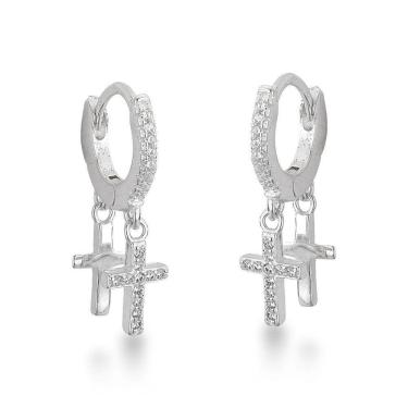 Imagem de Brinco Argola Click Com Duas Cruzes Prata 925 - 12mm
