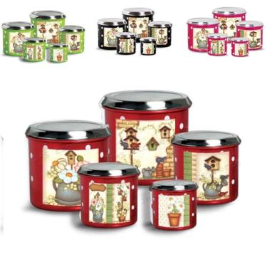 Imagem de Kit Conjunto Lata Porta Mantimento Alumínio 5 peças Casinha Vermelho - Ideal para Organizar e Decorar