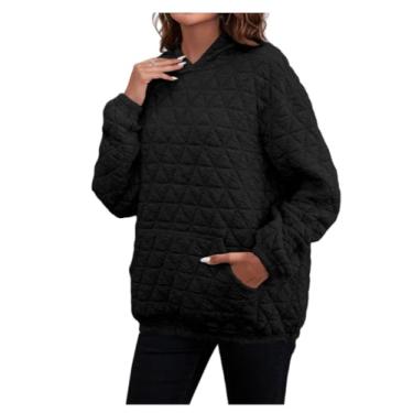 Imagem de Yueary Moletom feminino básico com capuz de manga comprida suéter de malha quente pulôver casual roupas de outono moletom com capuz com bolso, Preto, XG