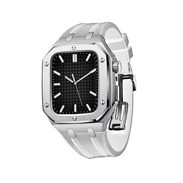 Imagem de MGTCAR Capa de metal militar para Apple Watch Series 7 SE 6 5 4 Capa protetora de metal com pulseira de silicone amortecedor à prova de choque 45mm 44mm (Cor: Branco prateado, Tamanho: 44MM PARA 6/5/4/SE)