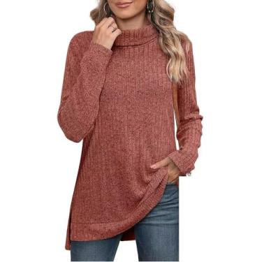 Imagem de Suéter feminino de gola rolê manga longa outono inverno tricotado solto suéter suéter suéter de cor sólida dividido grandes, Vermelho, G