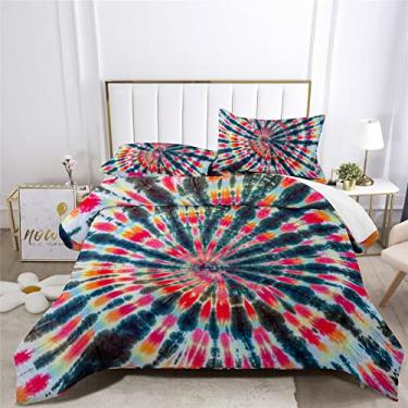 Imagem de Jogo de cama com estampa tie-dye Boho Tie-Dye para cama em um saco, 7 peças, padrão de redemoinho colorido, incluindo 1 lençol com elástico + 1 edredom + 4 fronhas + 1 lençol de cima (A, cama de