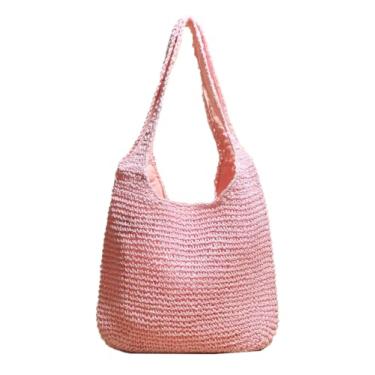 Imagem de Bolsa casual para mulheres Hobo de tecido para mulheres bolsa de praia de palha bolsa de ombro bolsa de ombro roupa verão quente, rosa, One Size