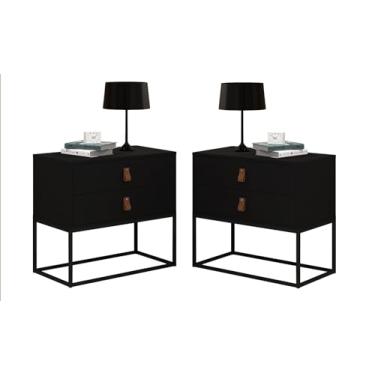Imagem de Kit 2 Mesas De Cabeceira Moderno Estilo Americano 2 Gavetas Com Puxadores De Couro Cor:Preto