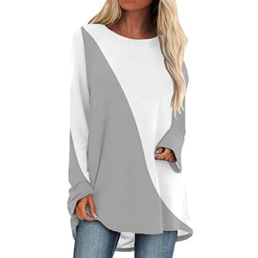 Imagem de Camiseta longa grande para mulheres com estampa colorida em bloco, gola redonda, túnica para usar com leggings Camisa de manga de feminino envolvente Patchwork colorido M23-K Large