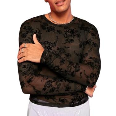 Imagem de WDIRARA Camiseta masculina de malha de renda floral transparente gola redonda manga longa, Preto, liso, liso, G