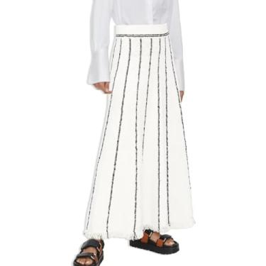 Imagem de Aotasely Saia maxi feminina elegante tricotada listrada cintura alta saia longa borla malha solta casual saia midi, Branco, Small Long