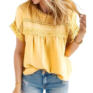 Imagem de Teepie Blusas casuais femininas de renda com gola redonda e manga curta, Amarelo, M
