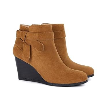 Imagem de Coutgo Botas femininas anabela, nó amarrado, cano baixo, salto empilhado, lateral com zíper lateral, Marrom, 9
