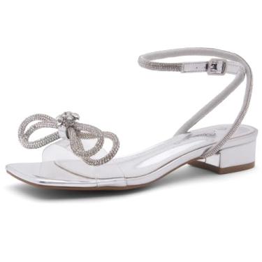 Imagem de Shoe Land SL-Melinda Sandália feminina de salto baixo, bico aberto, salto alto, tira no tornozelo, clássica, curta, salto grosso, para festa de casamento e trabalho diário, Prata transparente, 35