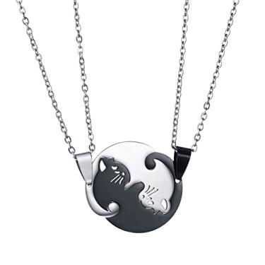 Imagem de Colar de aço inoxidável gato gatinho para mulheres homens combinando gato amor coração Yin Yang colar para casais amizade joia presente, Metal, Sem Pedra Preciosa