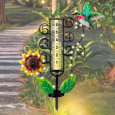 Imagem de Rose Manor Medidor de chuva para ambientes externos, folha de flor de beija-flor de metal com luz solar, 3 seções ajustáveis em altura, grande capacidade, para jardim, deck, gramado, pátio, fazenda