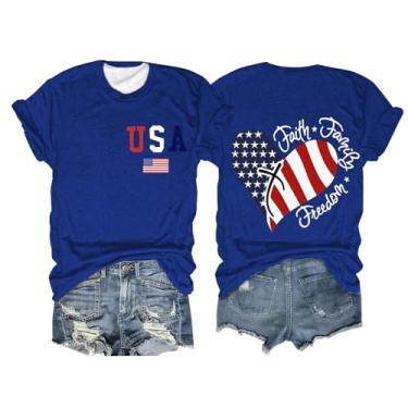 Imagem de 4th of July Camisetas femininas patrióticas com bandeira americana verão gola redonda manga curta túnica casual Memorial Day, Azul, GG