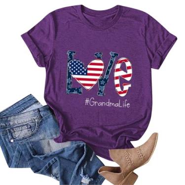 Imagem de Camisetas femininas com bandeira americana, manga curta, estampa Love Grandma Life, Dia da Independência, patriótica, casual, caimento solto, Roxa, G