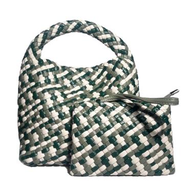 Imagem de Bolsas de ombro de tecido feitas à mão para mulheres, fofa, Hobo, bolsa mini clutch com fivela magnética, bolsa tiracolo para telefone, Branco e verde grama