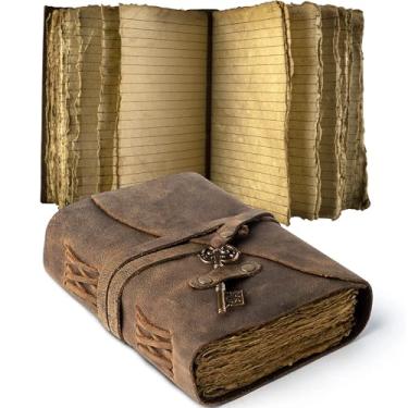 Imagem de Diário de couro vintage com páginas forradas com chave - Caderno antigo feito à mão com borda em papel vintage - Livro das sombras - Caderno de esboços de couro - Diário de desenho - Ótimo presente