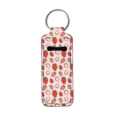 Imagem de GOSTONG Bonito suporte labial pêssego chaveiro manga de clipe bolso bolso batom bálsamo labial coldre rastreador de batom salvaguarda, Morango, tamanho �nico