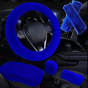 Imagem de SPANICE 6 peças em 1 conjunto capa de volante de lã sintética fofa e capa de freio de mão macia e capa de mudança de marcha, 2 ombreiras de cinto de segurança e capa de console central ajuste universal quente (azul)
