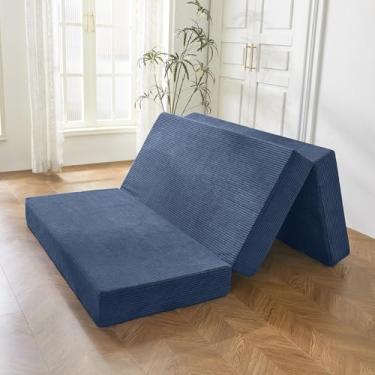 Imagem de BYBYME Colchão de veludo cotelê tridobrável, cobertura de colchão dobrável de gel de 15 cm, almofada de acampamento dobrável macio para cama de hóspedes, capa lavável (azul, solteiro)