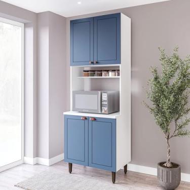 Imagem de Paneleiro/Torre Quente 4 Portas 2 Nichos para Forno e Utensílios com 80 Cm Pérola Yescasa Branco/Azul