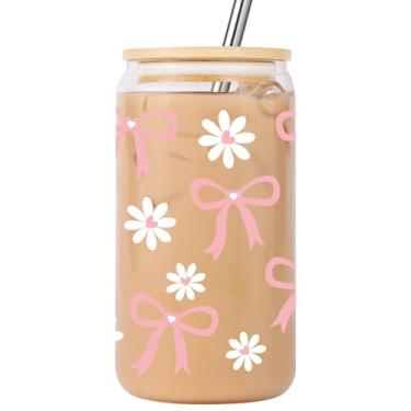 Imagem de Lovearth Coquette Copo de vidro estético, copo de margarida com laço, copo rosa de 473 ml com tampa e canudo, xícara de café gelado, lindo dia das mães, presentes de aniversário para mulheres, mãe,
