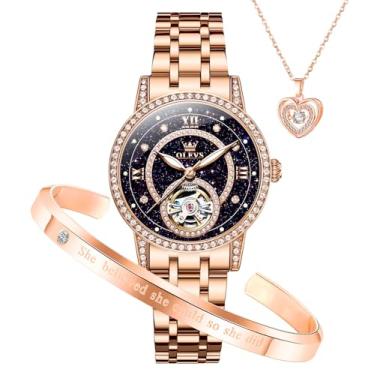 Imagem de OLEVS Relógio feminino automático, mecânico, diamante, esqueleto, prata, luxuoso, à prova d'água, luminoso, conjunto de presente, 7036: pulseira de ouro rosa e mostrador azul