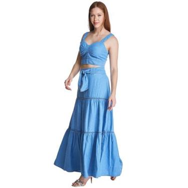 Imagem de Conjunto Jeans HNO Saia Longa e Cropped Azul Claro - HNO Jeans, G