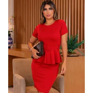 Imagem de Vestido Midi Peplum Cinto Moda Feminina Evangélica - Miss Flower, Verm