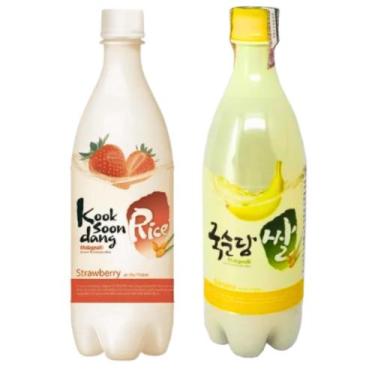 Imagem de Kit com 2 Vinhos de Arroz Coreano Makgeolli Morango e Banana 750ml