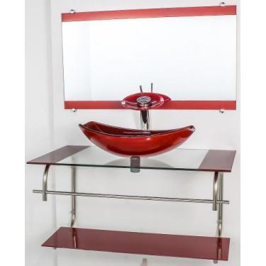 Imagem de Gabinete de vidro para banheiro inox 90cm cuba oval chanfrada vermelho