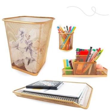 Imagem de Kit lixeira retangular porta caneta org de mesa e bandeja dourado - Ma
