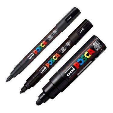 Imagem de Kit Caneta Marcador Posca Preta Uni-ball Pc-3m Pc-5m Pc-8k