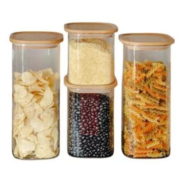 Imagem de Porta Condimentos Em Vidro Tampa Bambu 4peças Alimentos Uz