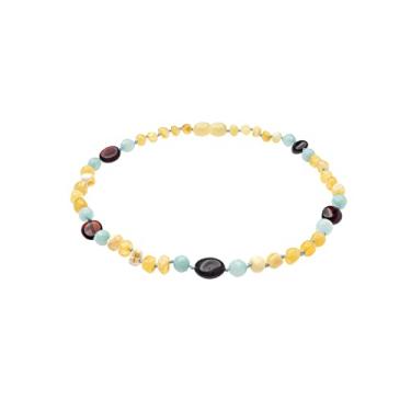 Imagem de Colar de âmbar genuíno do Mar Báltico feito com cereja polida leitosa polida e amazonita 34 cm (13,4 polegadas), Âmbar báltico