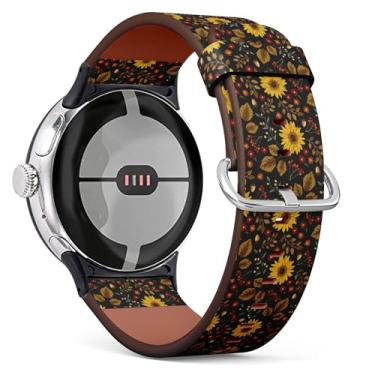 Imagem de THAZEE Pulseira de couro para relógio inteligente compatível com Google Pixel Watch 2 (2023)/Pixel Watch (2022) (outono girassóis preto)