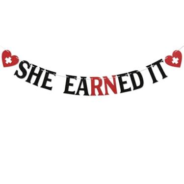 Imagem de Faixa She Earned It - Congrats Nurse, Future RN, Class of 2025 Enfermagem Escola de Enfermagem Decorações de Festa de Formatura Preto Vermelho Glitter